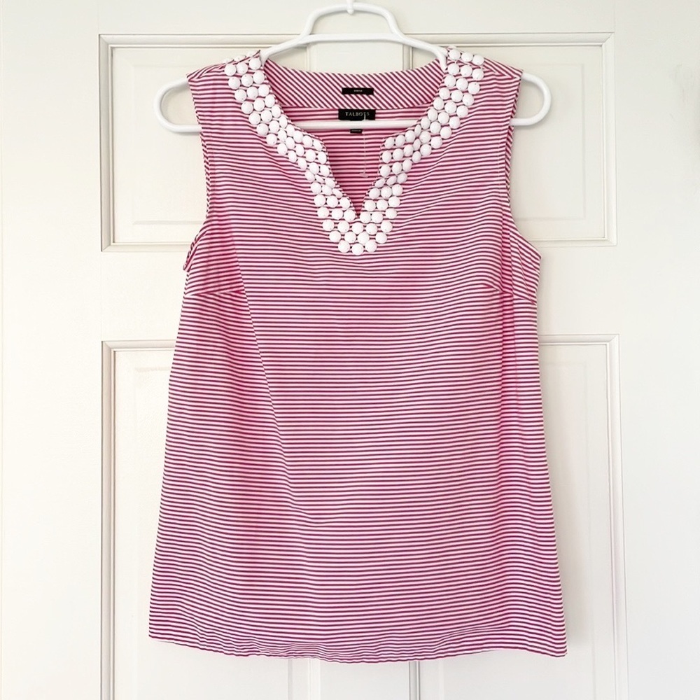 TALBOTS shirt size 4 pink white stretch cotton spandex embellishments sleeveless